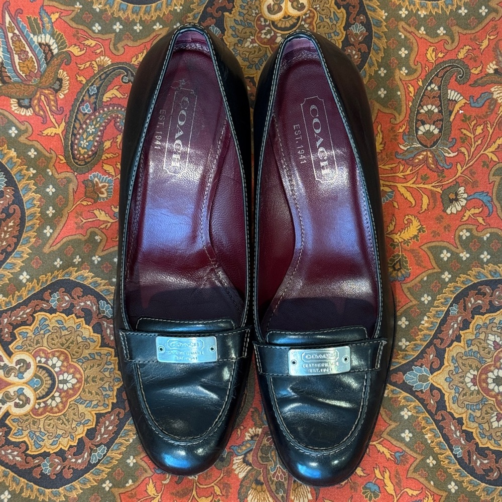 Coach Angie G Black Leather Loafer Style stiletto heel with Silver Accents